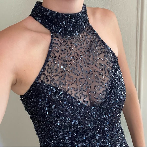 Parker Black Navy Sequin High Neck Halter Maxi Gown Dress Formal Wedding Prom - Picture 2 of 14